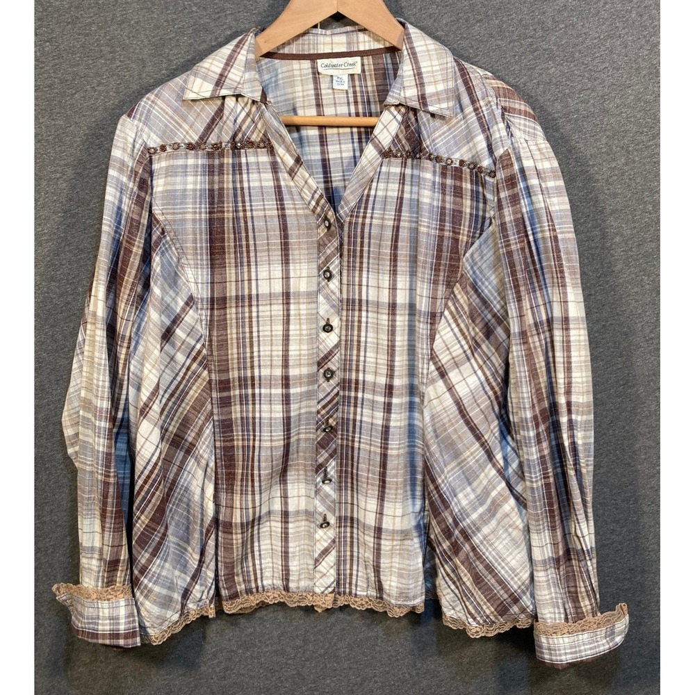 Coldwater Creek Plaid Button Down Shirt Womens PXL Brown White Lace Trim